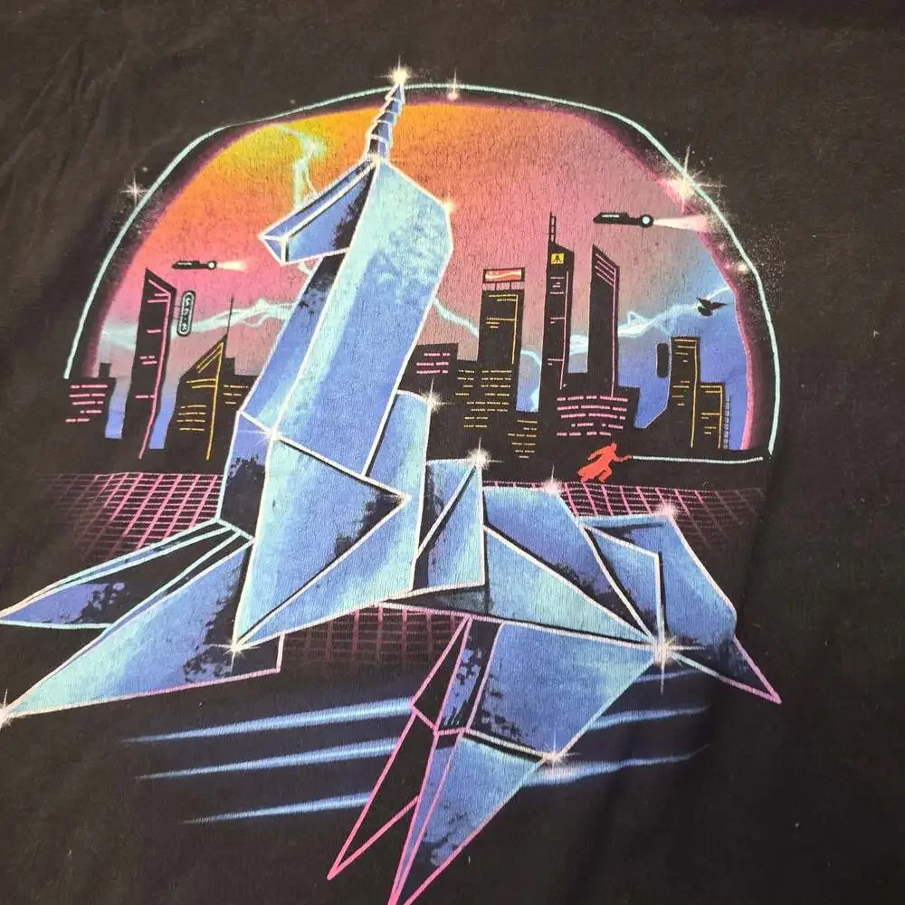Pixel Empire The Silver Origami Cyberpunk Synthwave Graphic T-Shirt Black